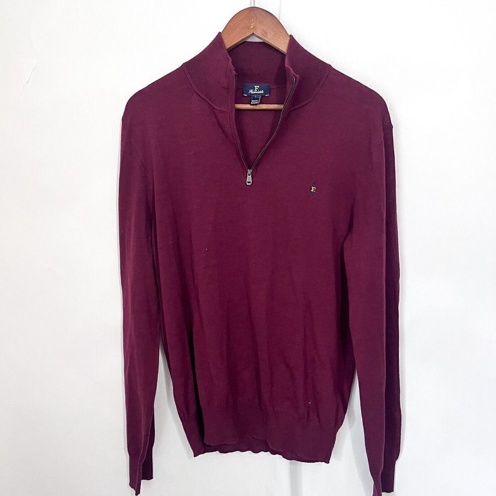 Faconnable Pullover Sweater 100% Wool Men Size L Wine 1/4 Zip Lightweight